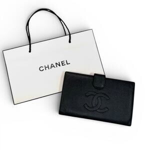 CHANEL Black Cavier CC Leather Long Wallet